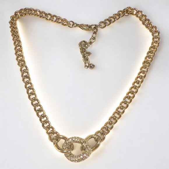 Gold Tone Chain Link Choker Necklace Rhinestone Accent - Picture 2 of 9